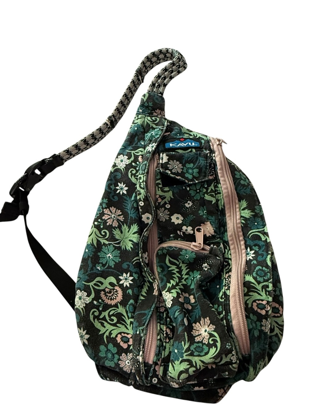 KAVU Full Size Rope Sling Bag Limited Edition Whimsical Meadows Pattern Green